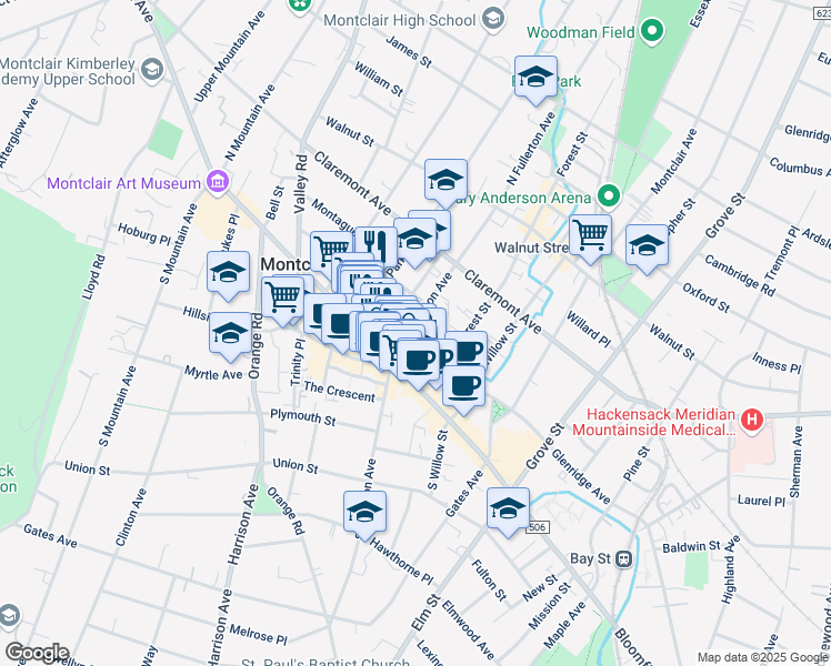 map of restaurants, bars, coffee shops, grocery stores, and more near 25 North Fullerton Avenue in Montclair