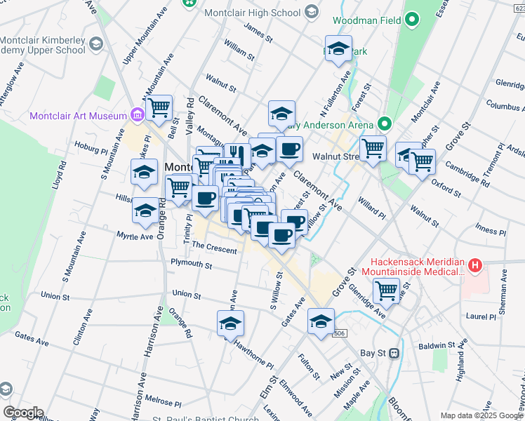 map of restaurants, bars, coffee shops, grocery stores, and more near 25 North Fullerton Avenue in Montclair