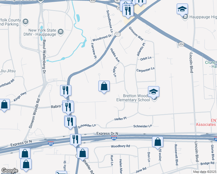 map of restaurants, bars, coffee shops, grocery stores, and more near in Smithtown