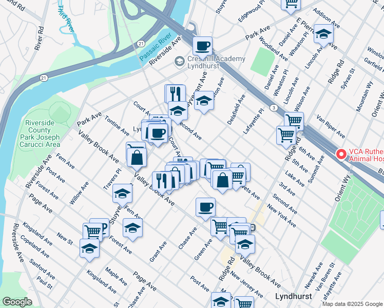 map of restaurants, bars, coffee shops, grocery stores, and more near 356 New York Avenue in Lyndhurst