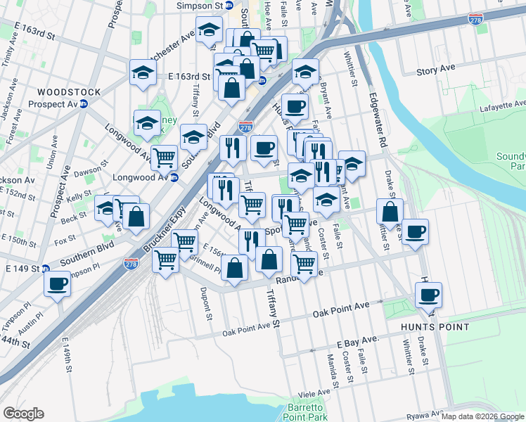 map of restaurants, bars, coffee shops, grocery stores, and more near 830 Barry Street in The Bronx