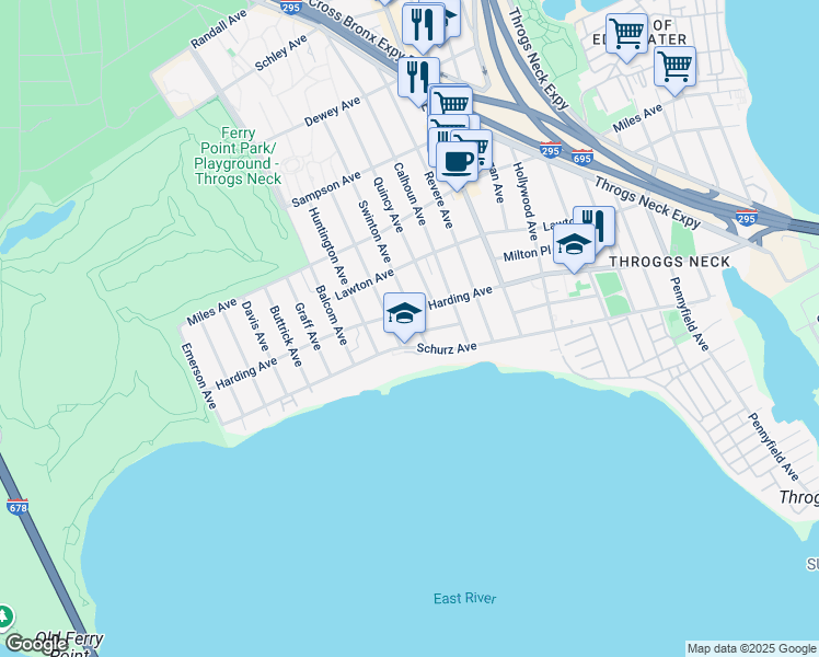 map of restaurants, bars, coffee shops, grocery stores, and more near 201 Swinton Avenue in Bronx