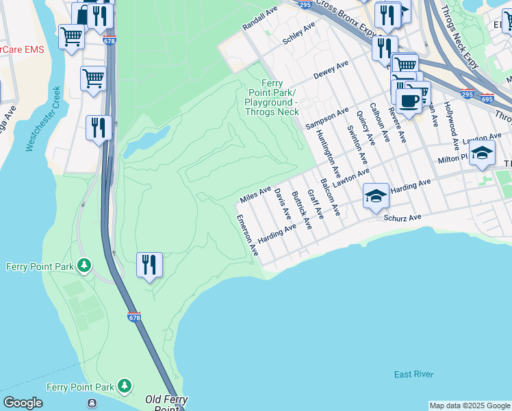 map of restaurants, bars, coffee shops, grocery stores, and more near 2606 Miles Avenue in Bronx