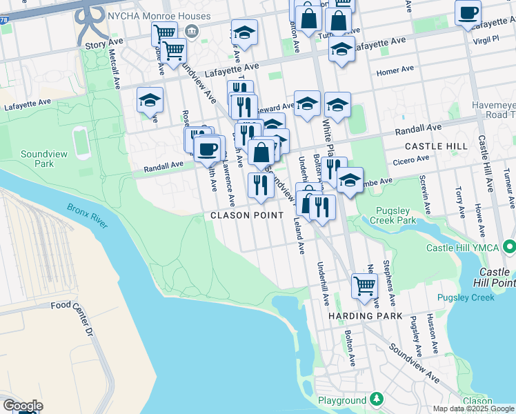 map of restaurants, bars, coffee shops, grocery stores, and more near 459 Taylor Avenue in Bronx