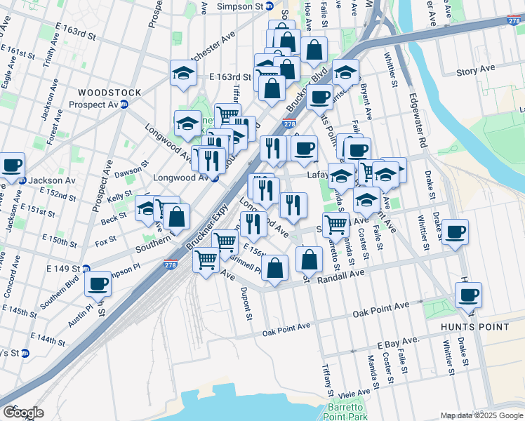 map of restaurants, bars, coffee shops, grocery stores, and more near 1124 Burnet Place in The Bronx