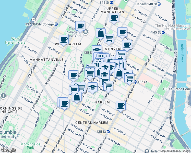 map of restaurants, bars, coffee shops, grocery stores, and more near 2480 Frederick Douglass Boulevard in New York