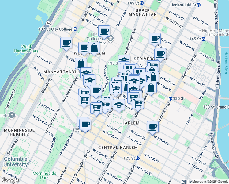 map of restaurants, bars, coffee shops, grocery stores, and more near 446 Saint Nicholas Avenue in New York