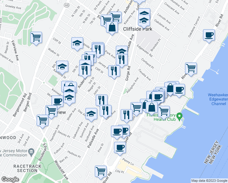 map of restaurants, bars, coffee shops, grocery stores, and more near 185 Cottage Place in Cliffside Park