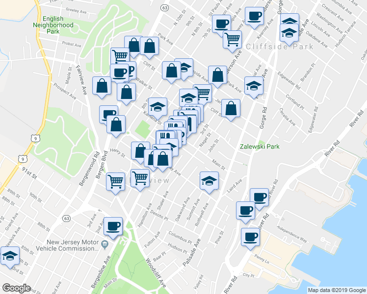 map of restaurants, bars, coffee shops, grocery stores, and more near 201 Anderson Avenue in Fairview