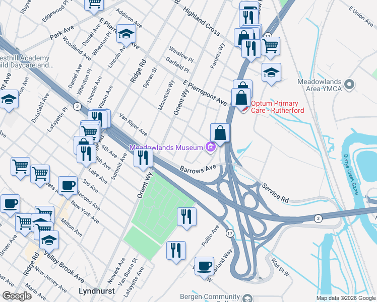 map of restaurants, bars, coffee shops, grocery stores, and more near 12 Arthur Drive in Rutherford