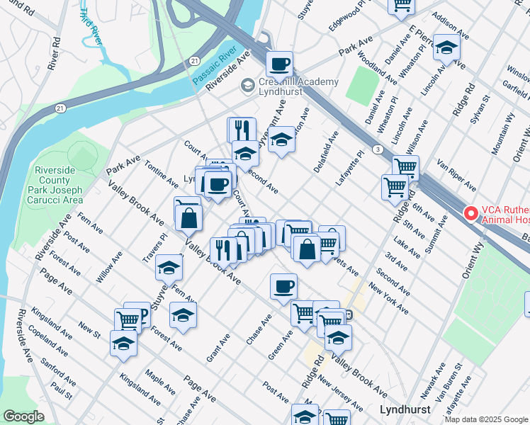 map of restaurants, bars, coffee shops, grocery stores, and more near 356 New York Avenue in Lyndhurst