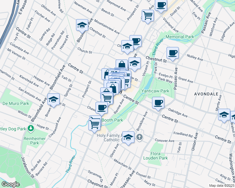 map of restaurants, bars, coffee shops, grocery stores, and more near 376 Centre Street in Nutley