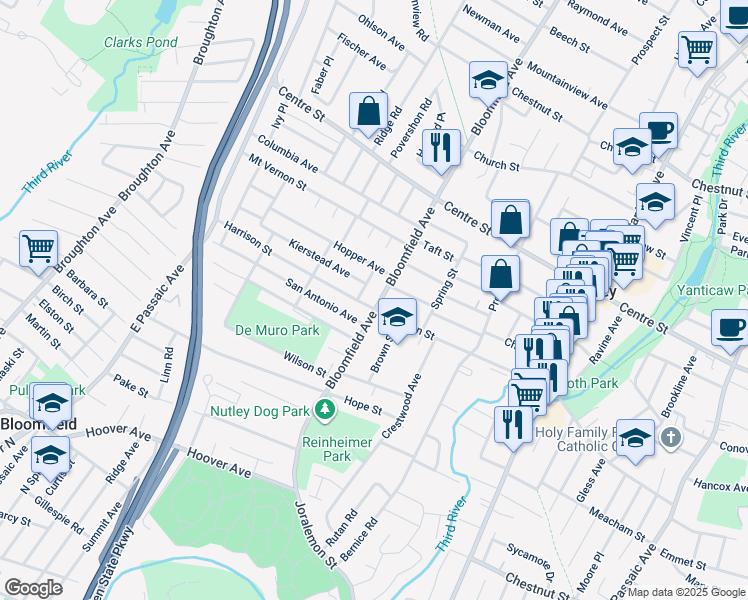 map of restaurants, bars, coffee shops, grocery stores, and more near 181 Bloomfield Avenue in Nutley