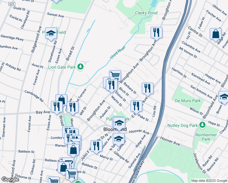 map of restaurants, bars, coffee shops, grocery stores, and more near 128 Broughton Avenue in Bloomfield