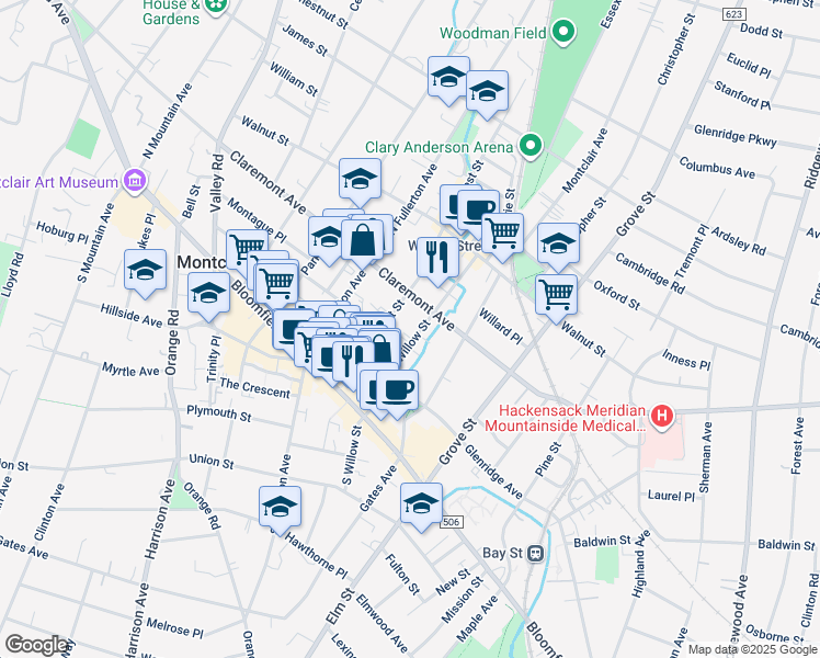 map of restaurants, bars, coffee shops, grocery stores, and more near 35 Forest Street in Montclair