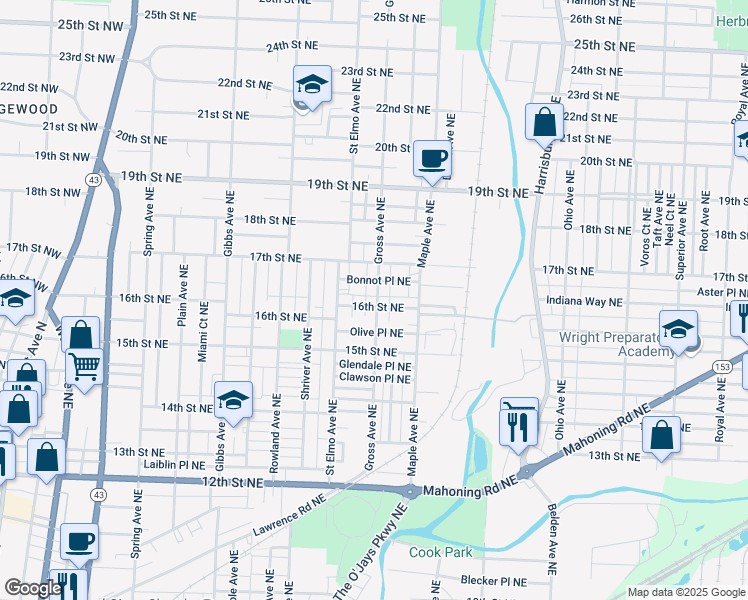 map of restaurants, bars, coffee shops, grocery stores, and more near 1616 Gross Avenue Northeast in Canton