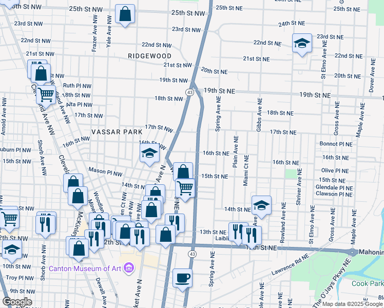 map of restaurants, bars, coffee shops, grocery stores, and more near 1602 Cherry Avenue Northeast in Canton