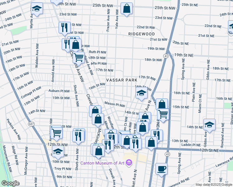 map of restaurants, bars, coffee shops, grocery stores, and more near 1524 Yale Avenue Northwest in Canton