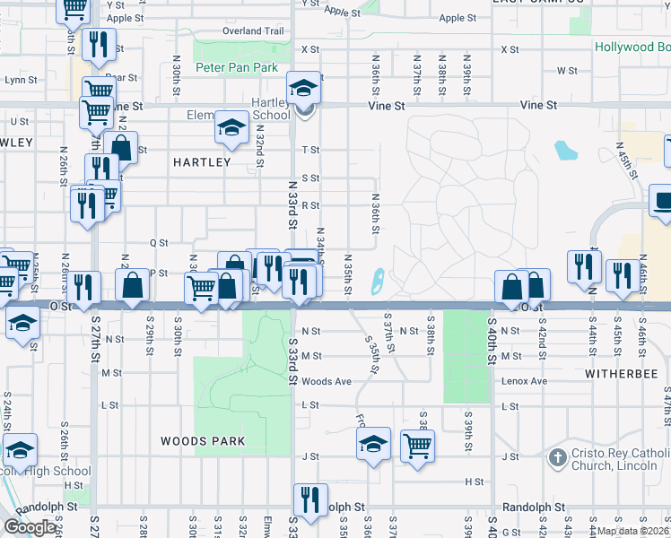 map of restaurants, bars, coffee shops, grocery stores, and more near 3434 P Street in Lincoln