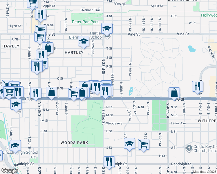 map of restaurants, bars, coffee shops, grocery stores, and more near 1541 North 26th Street in Lincoln