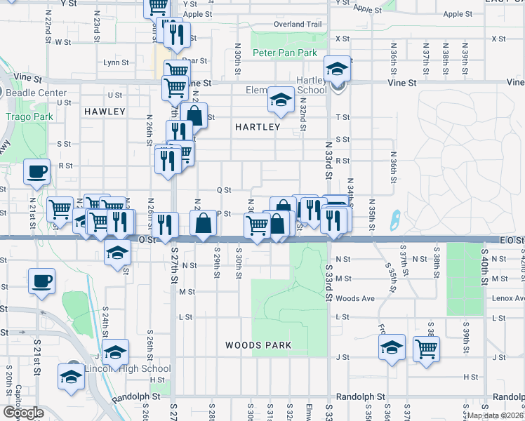 map of restaurants, bars, coffee shops, grocery stores, and more near 217 North 31st Street in Lincoln