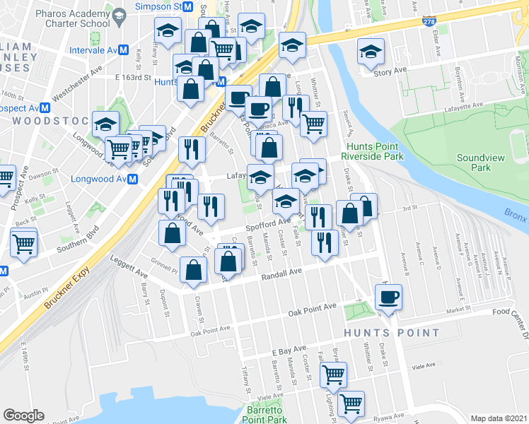 map of restaurants, bars, coffee shops, grocery stores, and more near 700 Manida Street in The Bronx