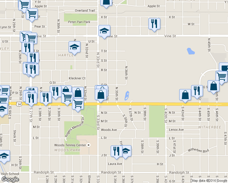 map of restaurants, bars, coffee shops, grocery stores, and more near 3434 P Street in Lincoln