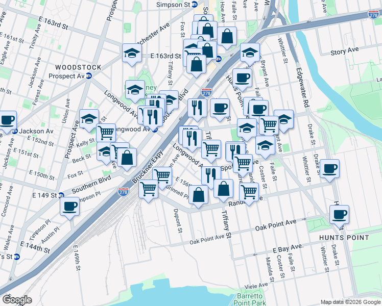 map of restaurants, bars, coffee shops, grocery stores, and more near 1124 Burnet Place in The Bronx