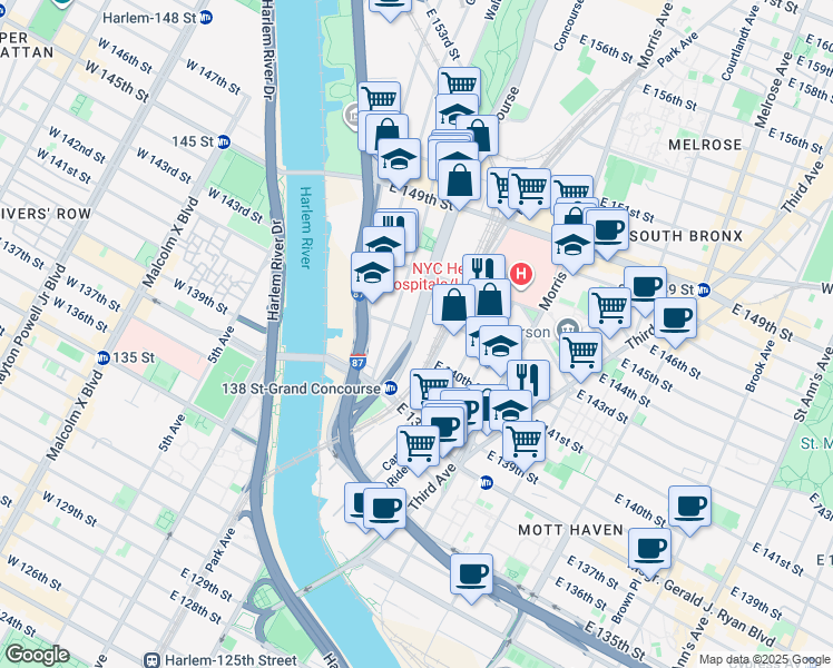map of restaurants, bars, coffee shops, grocery stores, and more near 206 Grand Concourse in Bronx