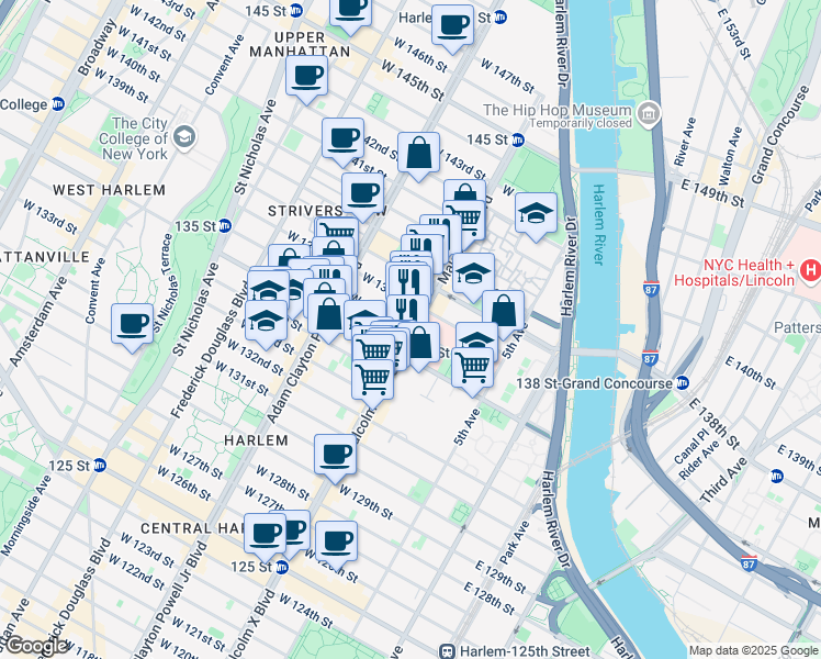 map of restaurants, bars, coffee shops, grocery stores, and more near Lenox Ave & W 136th St in New York