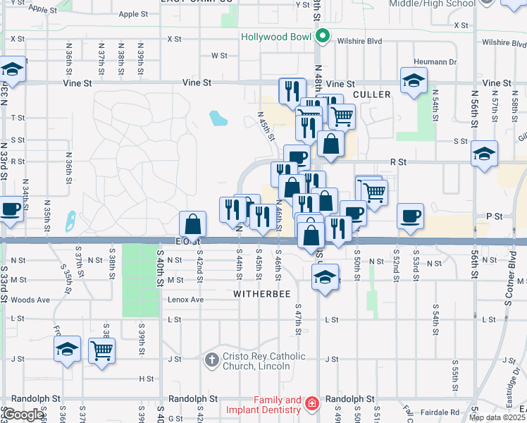 map of restaurants, bars, coffee shops, grocery stores, and more near 300 Q Street in Lincoln