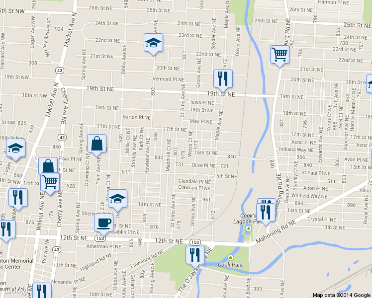 map of restaurants, bars, coffee shops, grocery stores, and more near 1521 16th Street Northeast in Canton