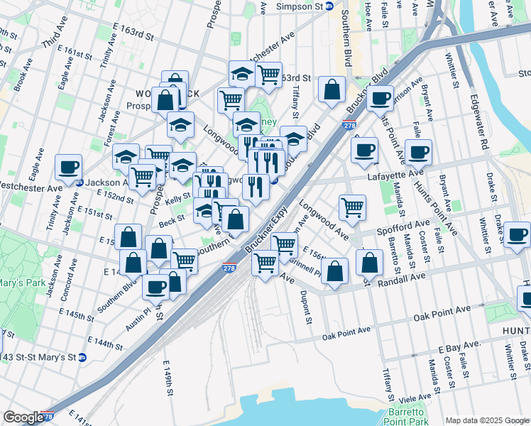 map of restaurants, bars, coffee shops, grocery stores, and more near 762 Southern Boulevard in The Bronx
