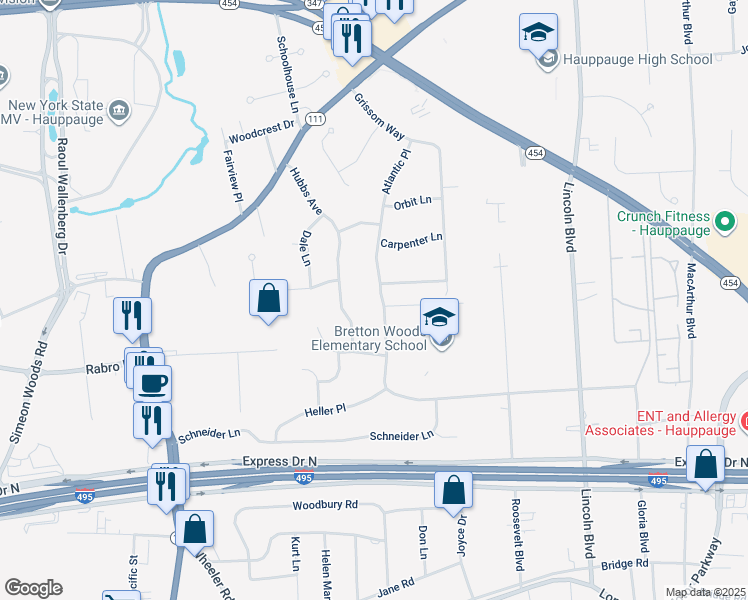 map of restaurants, bars, coffee shops, grocery stores, and more near 120 Atlantic Place in Hauppauge