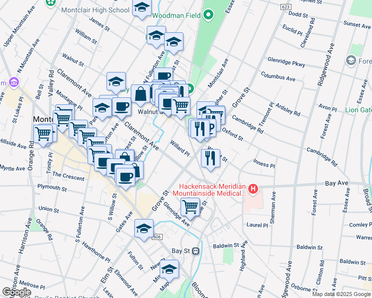 map of restaurants, bars, coffee shops, grocery stores, and more near 9 Willard Place in Montclair