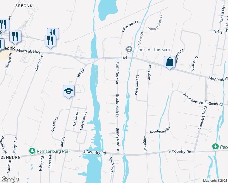 map of restaurants, bars, coffee shops, grocery stores, and more near 29 Brushy Neck Lane in Westhampton