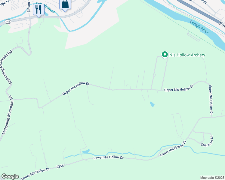 map of restaurants, bars, coffee shops, grocery stores, and more near Upper Nis Hollow Drive in Lehighton