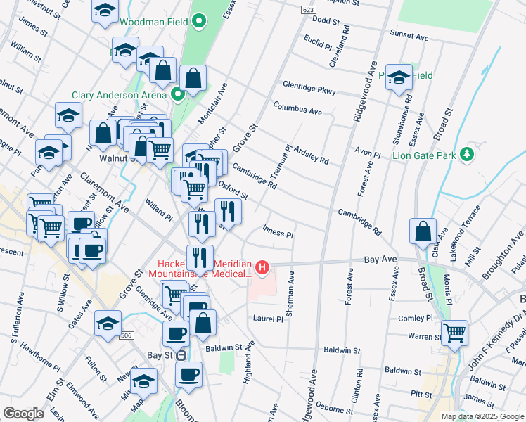 map of restaurants, bars, coffee shops, grocery stores, and more near 41 Oxford Street in Montclair