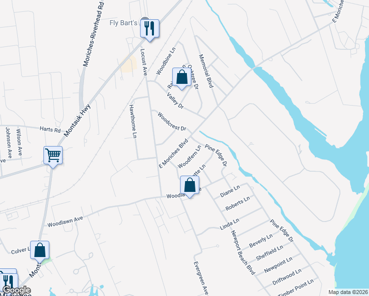 map of restaurants, bars, coffee shops, grocery stores, and more near 22 East Moriches Boulevard in East Moriches