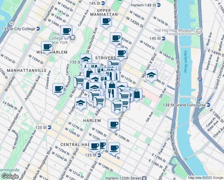 map of restaurants, bars, coffee shops, grocery stores, and more near 188 West 135th Street in New York