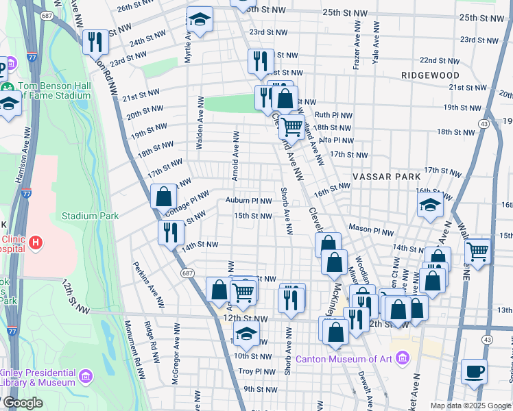 map of restaurants, bars, coffee shops, grocery stores, and more near 1102 Auburn Place Northwest in Canton