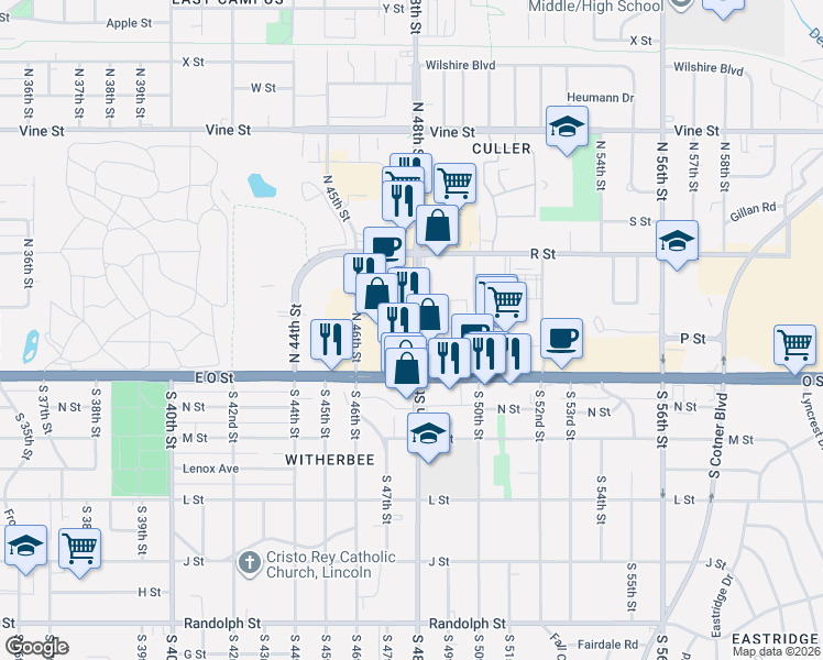 map of restaurants, bars, coffee shops, grocery stores, and more near 233 North 48th Street in Lincoln