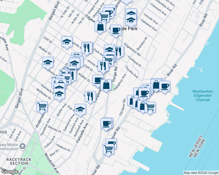map of restaurants, bars, coffee shops, grocery stores, and more near 185 Cottage Place in Cliffside Park