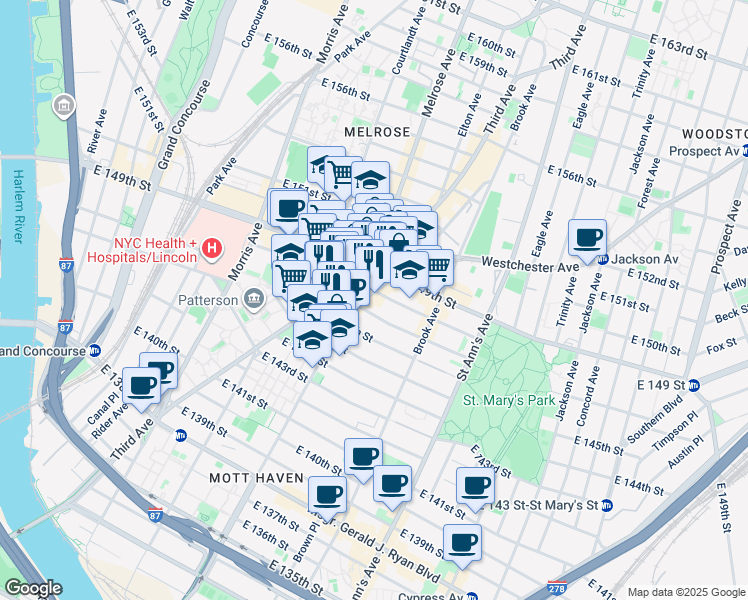 map of restaurants, bars, coffee shops, grocery stores, and more near 530 Willis Avenue in The Bronx