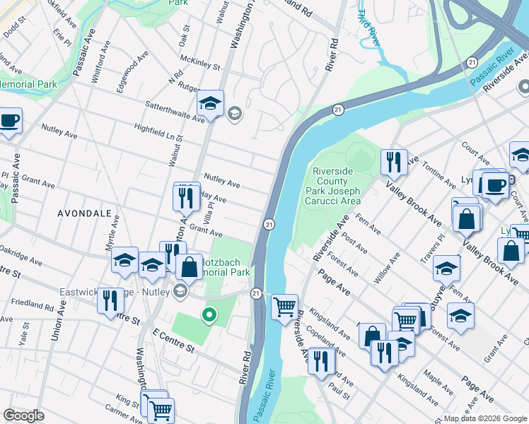 map of restaurants, bars, coffee shops, grocery stores, and more near River Road in Nutley