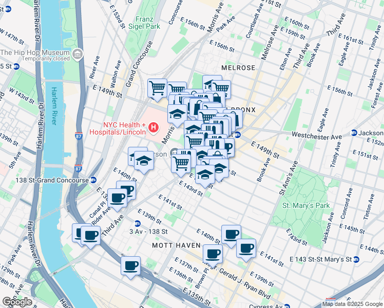 map of restaurants, bars, coffee shops, grocery stores, and more near 327 East 145th Street in The Bronx