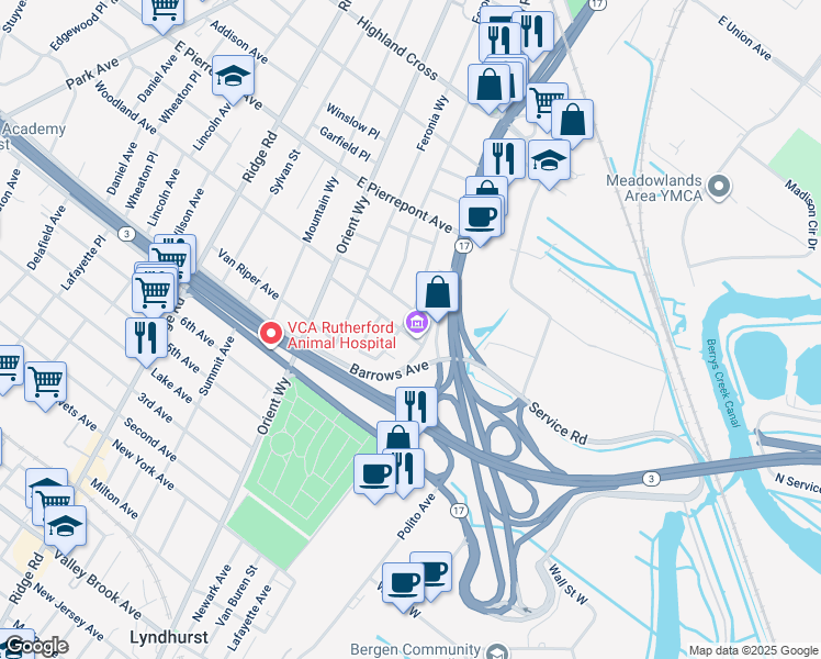 map of restaurants, bars, coffee shops, grocery stores, and more near 89 Elycroft Pkwy in Rutherford