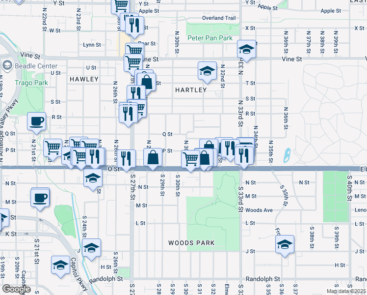 map of restaurants, bars, coffee shops, grocery stores, and more near 2960 P Street in Lincoln