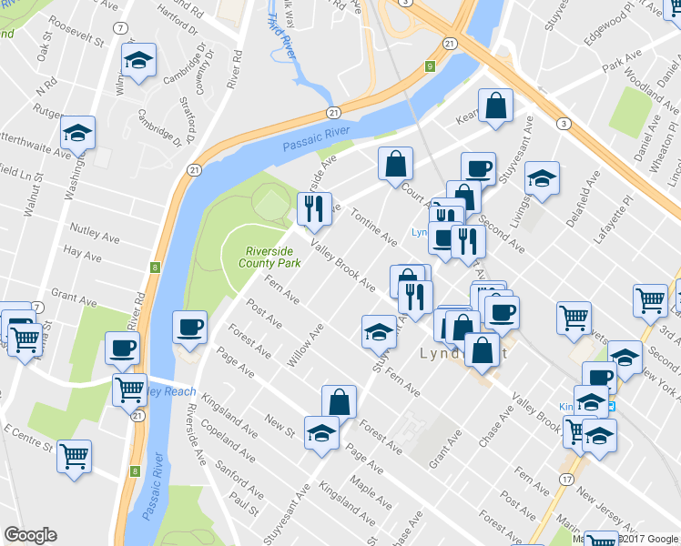 map of restaurants, bars, coffee shops, grocery stores, and more near 160 Valley Brook Avenue in Lyndhurst