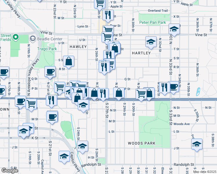 map of restaurants, bars, coffee shops, grocery stores, and more near 2704 P Street in Lincoln